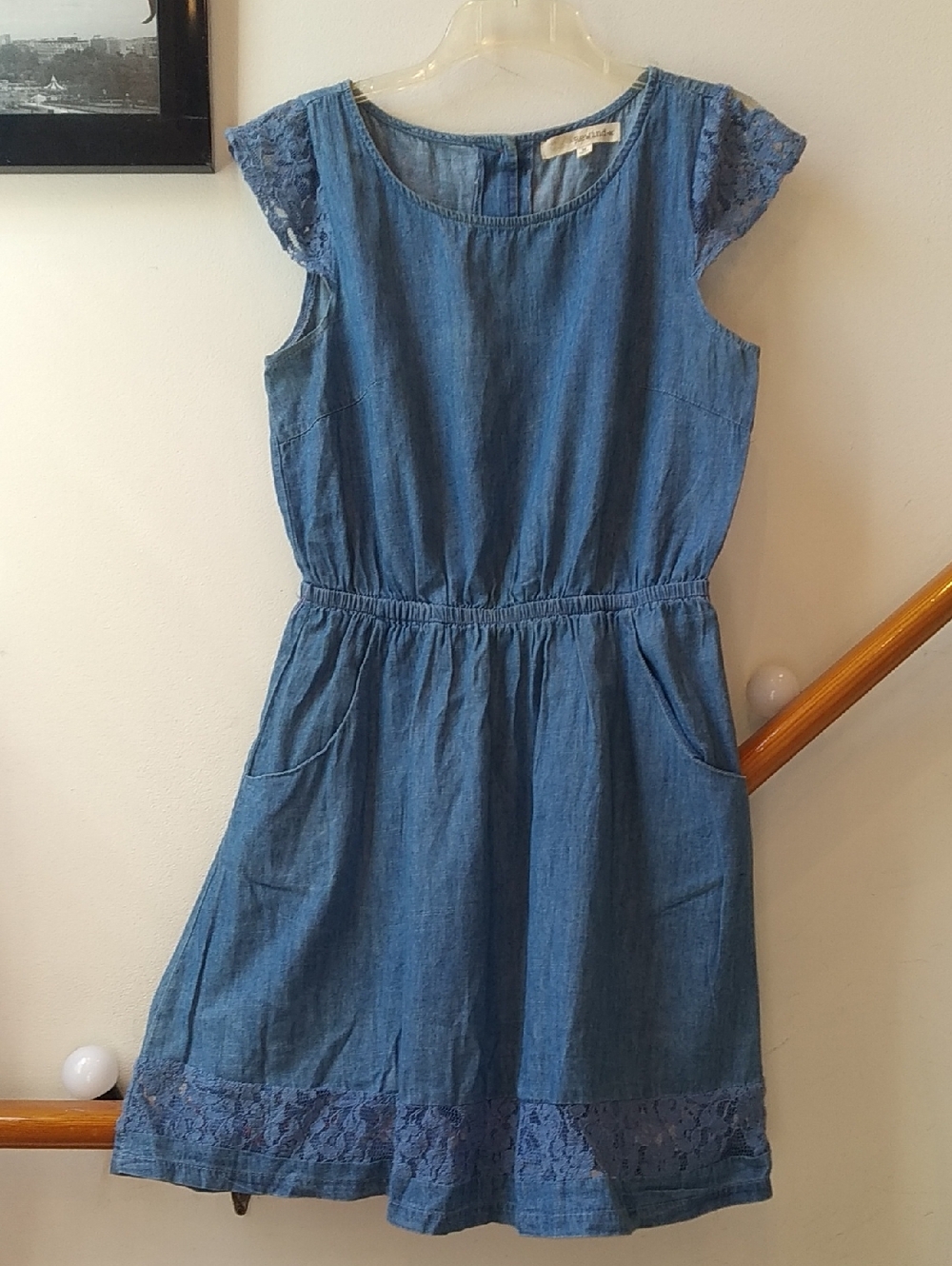 Rewind Blue Denim Dress with Lace Trim